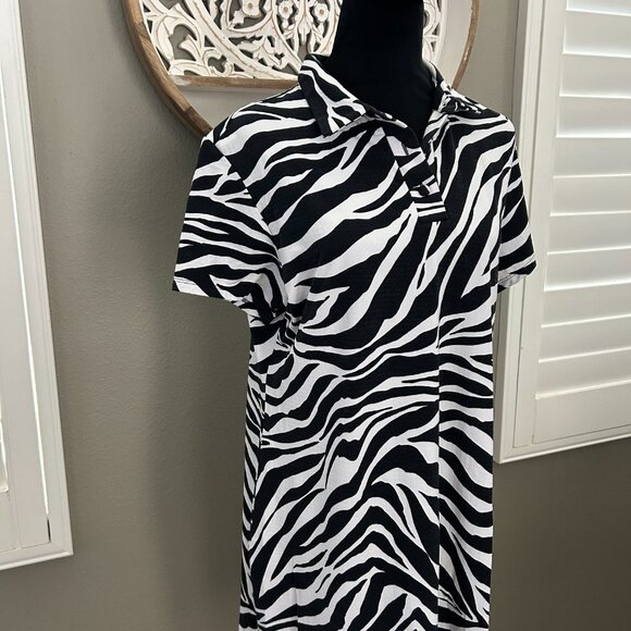 IBKUL Animal Print Collar Short Sleeve Dress White/Black Golf Zebra SZL UPF 50+ - Picture 5 of 8